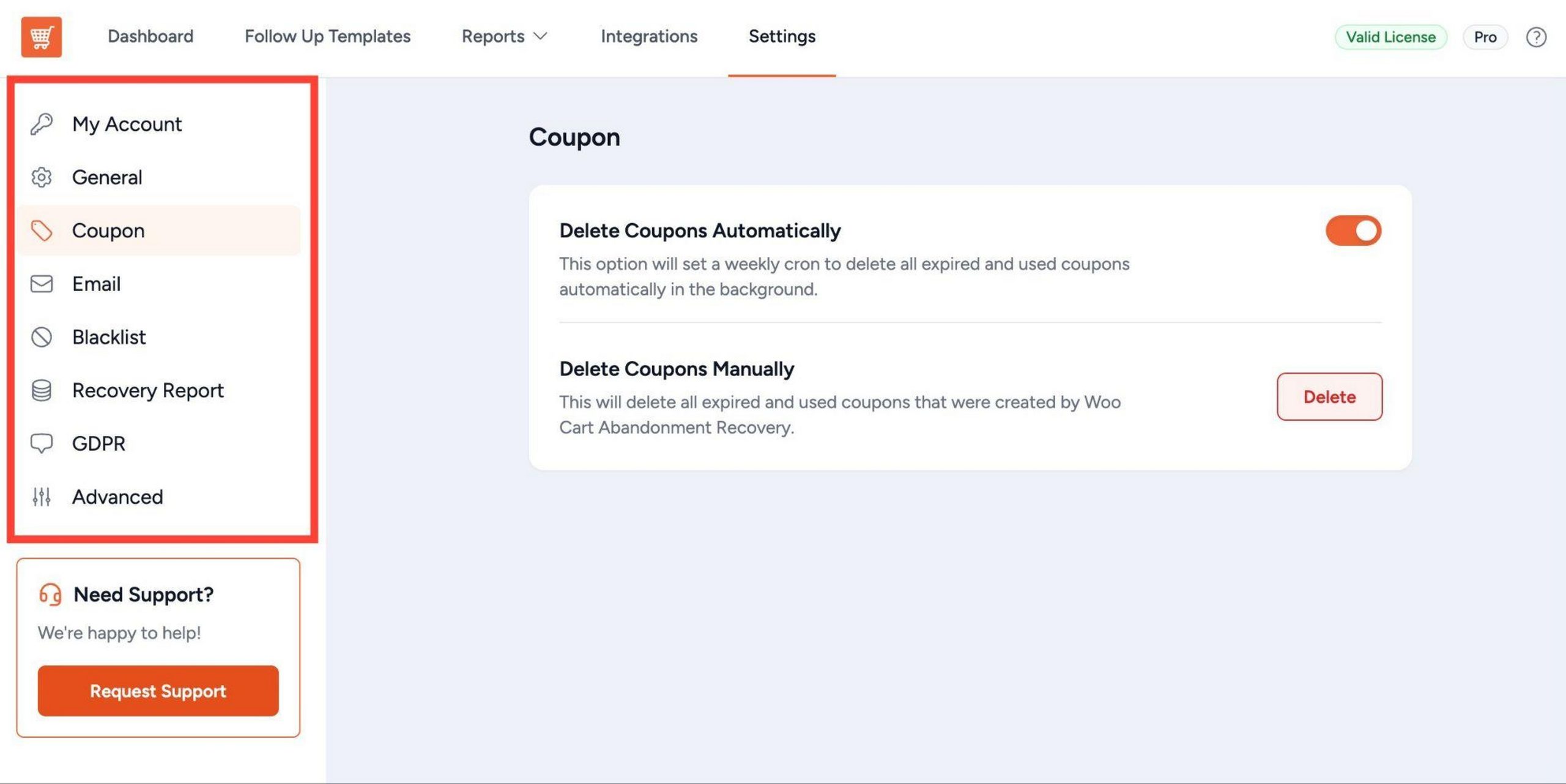 Cart Abandonment Recovery general settings panel showing lost cart cutoff time, GDPR consent toggle, and user role exclusion options