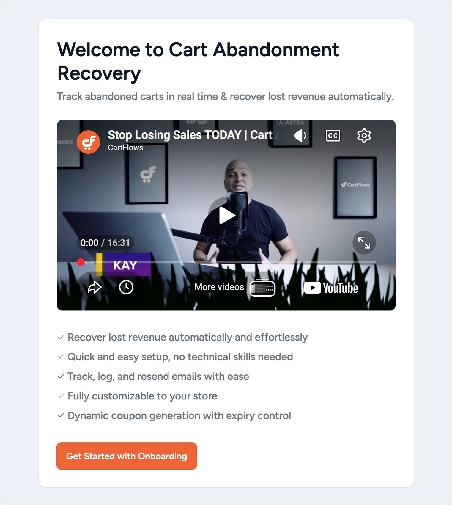 Cart Abandonment Recovery guided onboarding welcome screen in WordPress admin prompting new users to configure their first recovery sequence