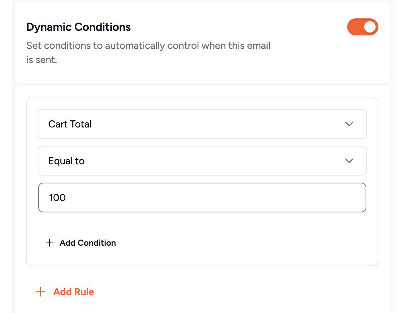 Cart Abandonment Recovery smart rule engine showing condition settings including cart subtotal threshold, product exclusions, and user role controls