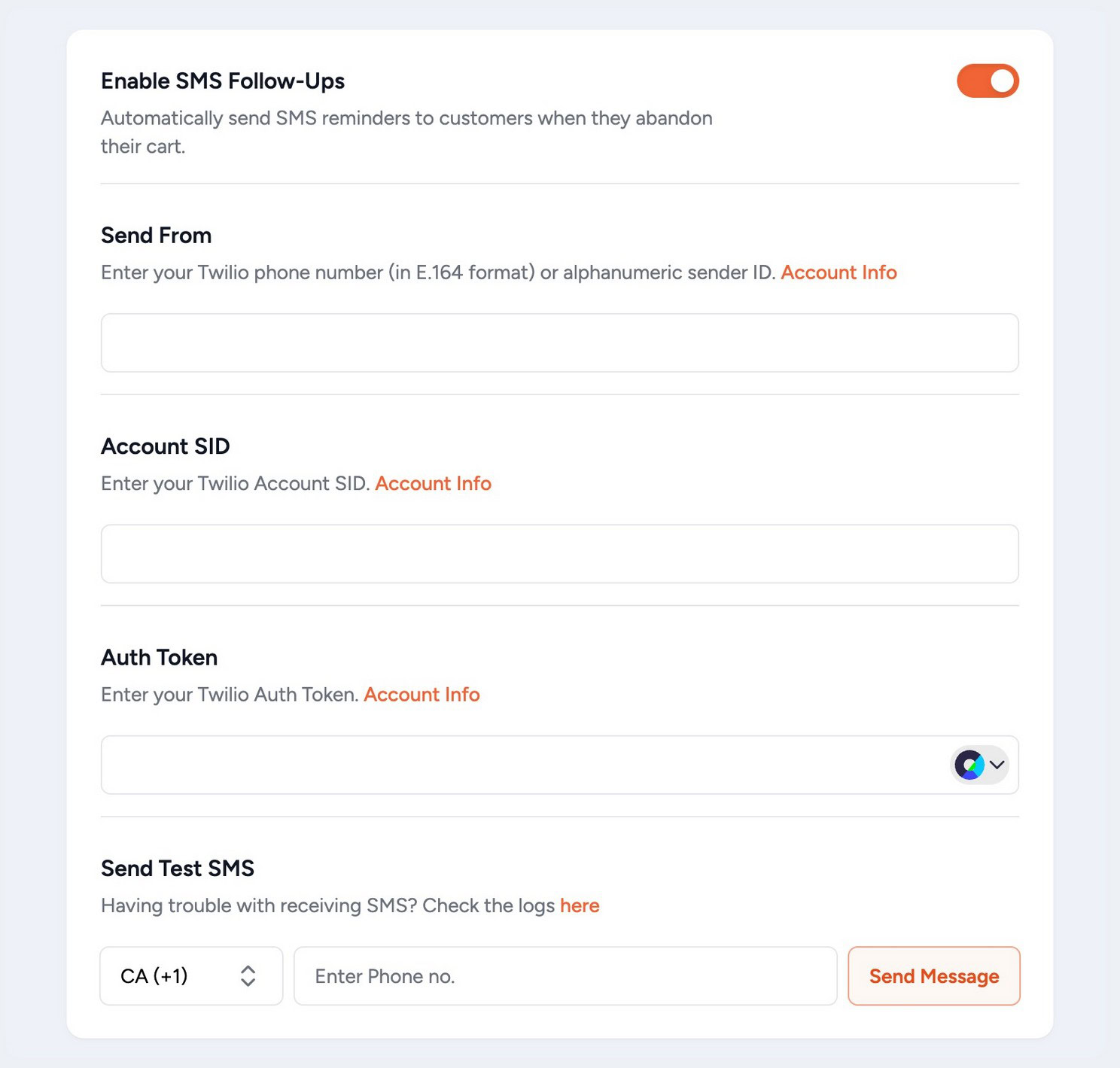 Cart Abandonment Recovery SMS sequence setup screen showing Twilio integration settings, send delay controls, and SMS template KPI metrics