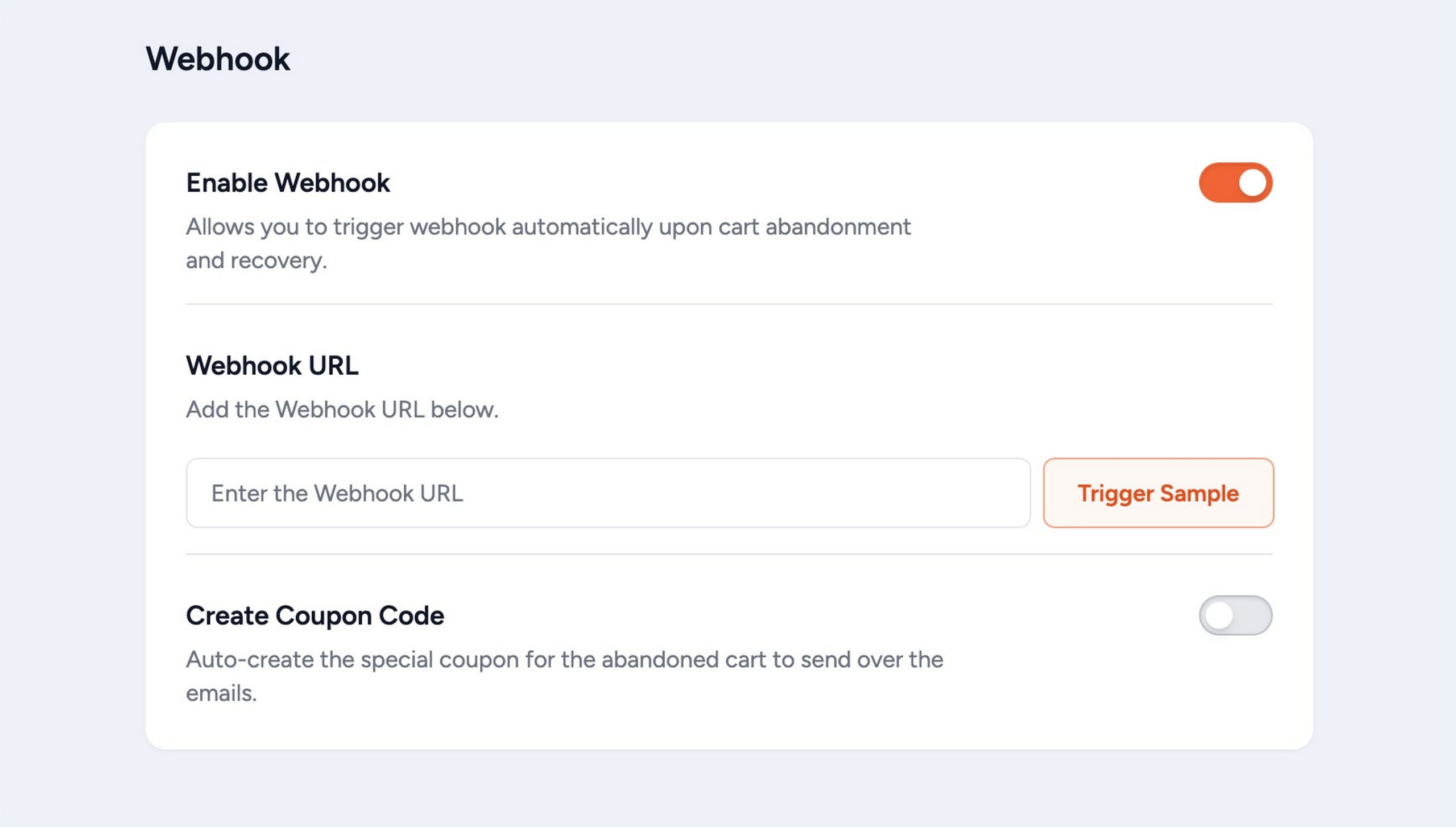 Cart Abandonment Recovery webhook configuration screen showing event trigger settings, payload URL field, and connection status