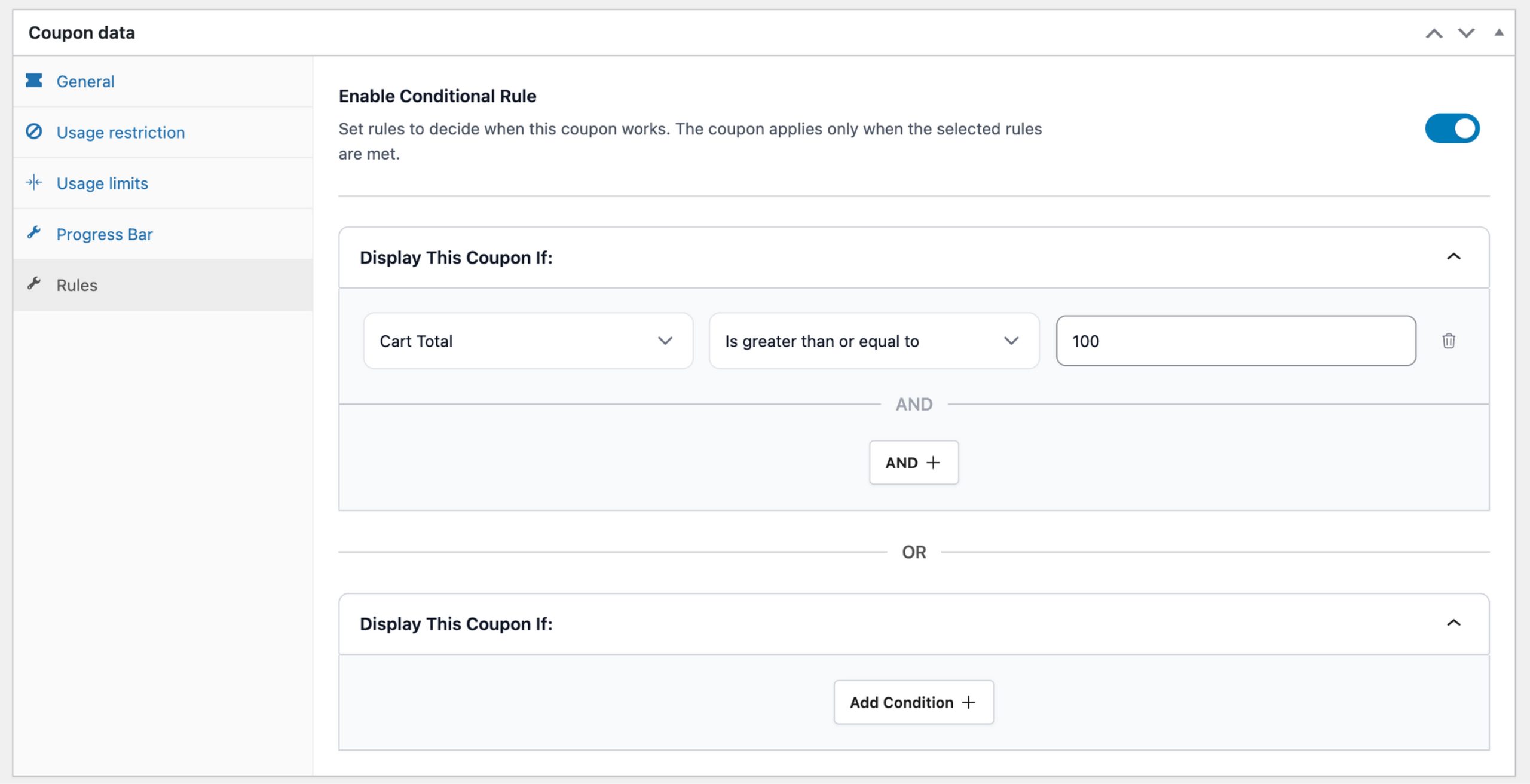 Power Coupons cart condition builder showing Cart Total rule set to greater than or equal to $100, triggering an automatic WooCommerce discount