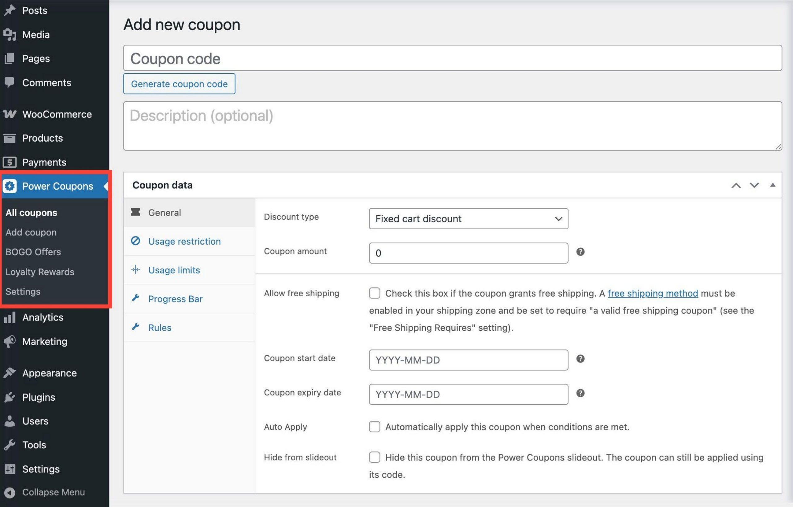 Power Coupons plugin dashboard showing coupon rules, BOGO offers, and loyalty rewards management interface in WordPress admin
