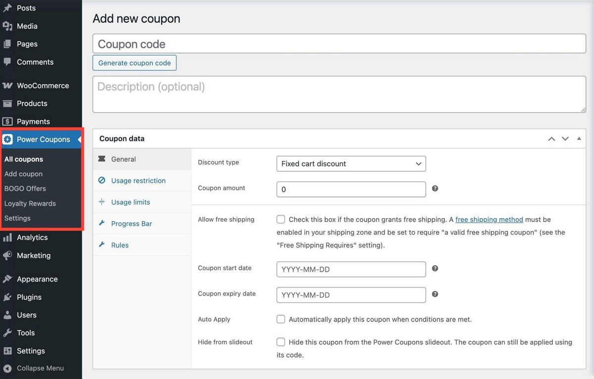 Power Coupons plugin dashboard showing coupon rules, BOGO offers, and loyalty rewards management interface in WordPress admin
