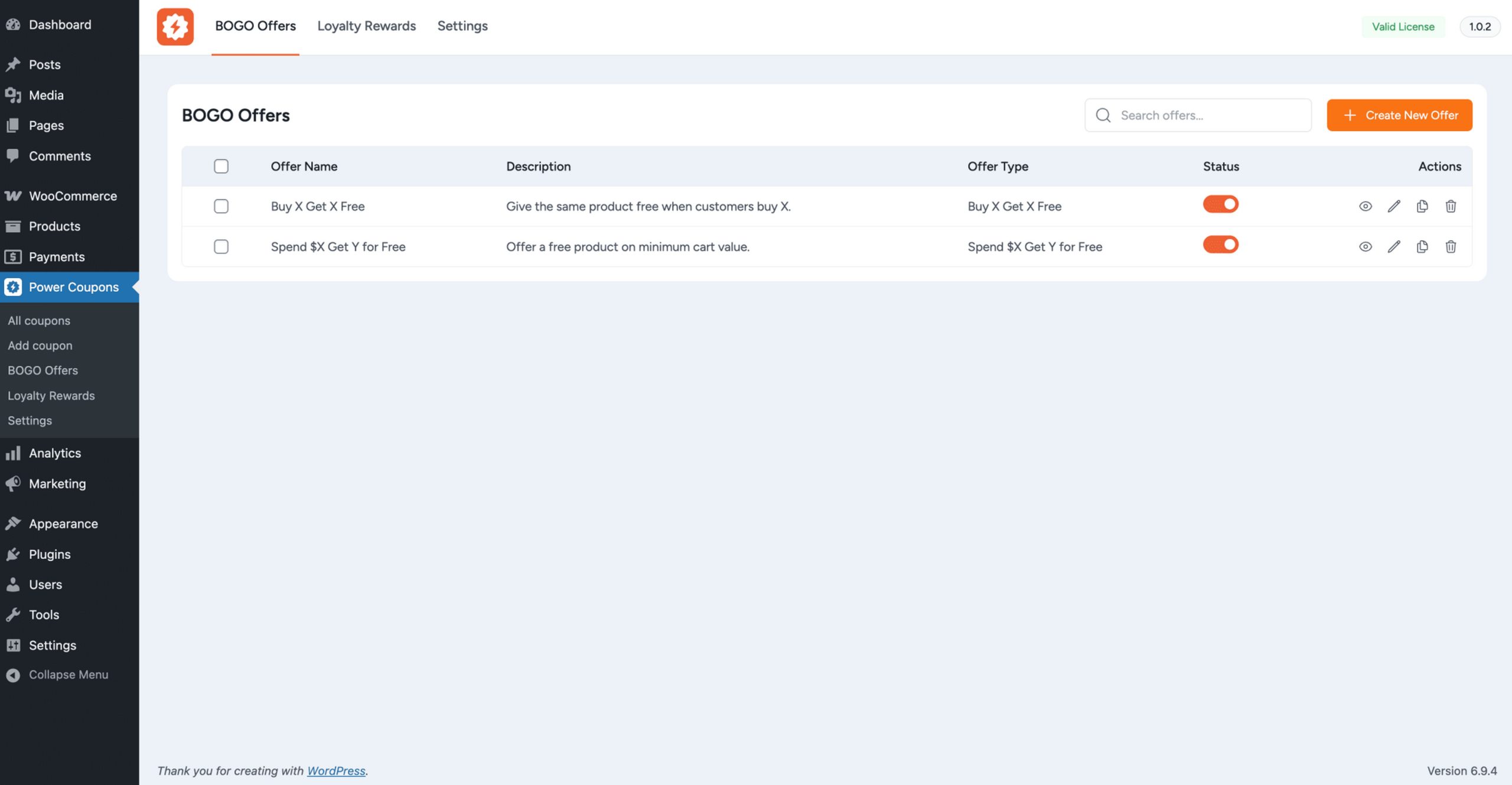 Power Coupons Pro BOGO offer management dashboard showing all active WooCommerce promotions with options to edit, clone, activate, and set usage limits