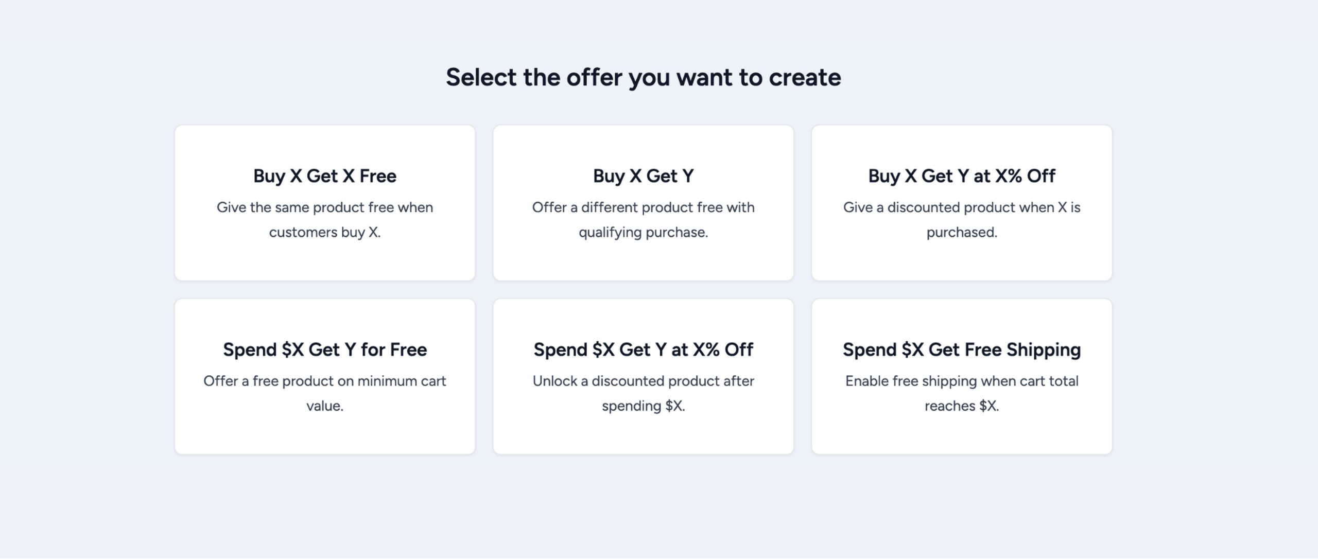 Power Coupons Pro BOGO offer type selection screen showing all six WooCommerce BOGO formats including Buy X Get X Free and Spend X Get Y