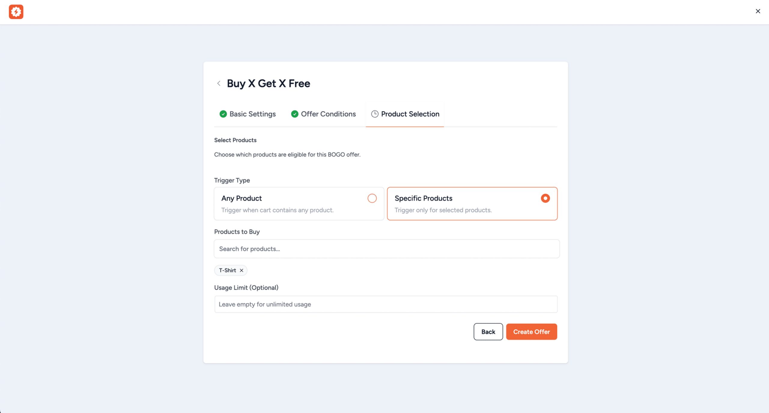 Power Coupons Pro smart product targeting interface showing which products trigger a BOGO deal and which are given as rewards, with SKU-level control