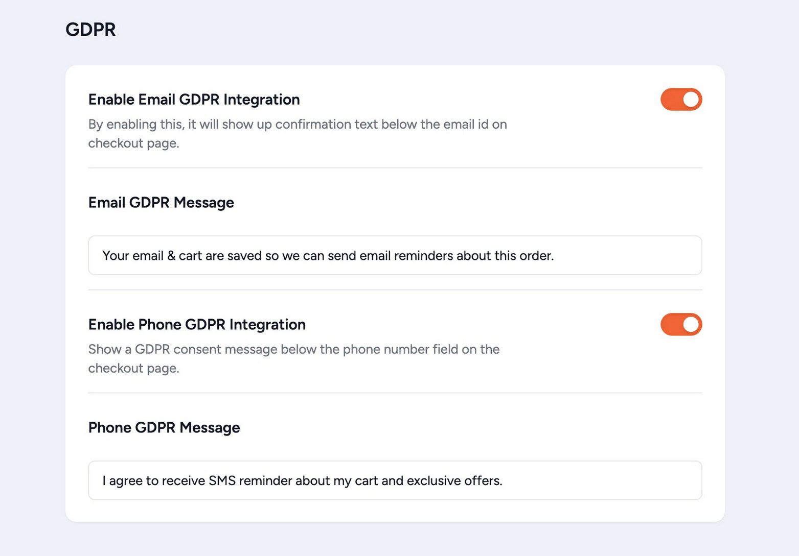 WooCommerce checkout page showing Cart Abandonment Recovery GDPR consent checkbox with configurable label text below the email field