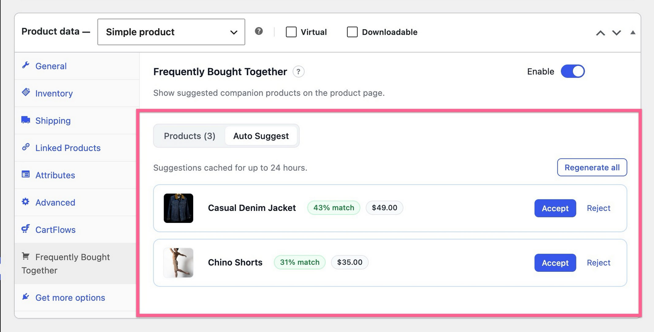 CartFlows Auto Suggest showing match percentages for suggested companion products