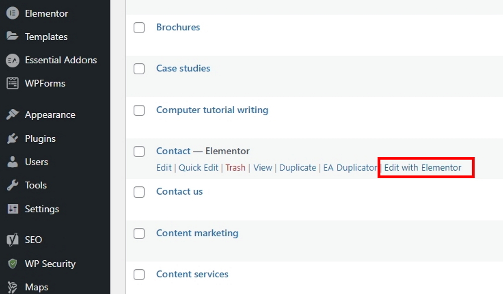 Editing page with Elementor
