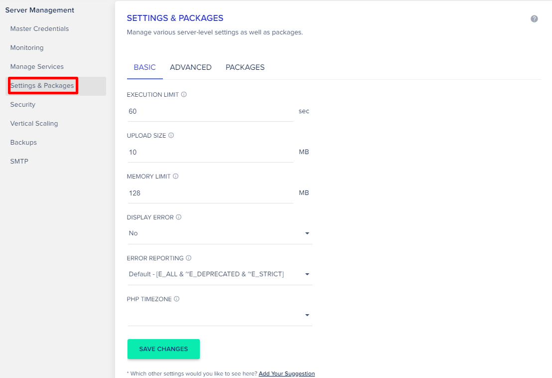 Cloudways Settings and Packages