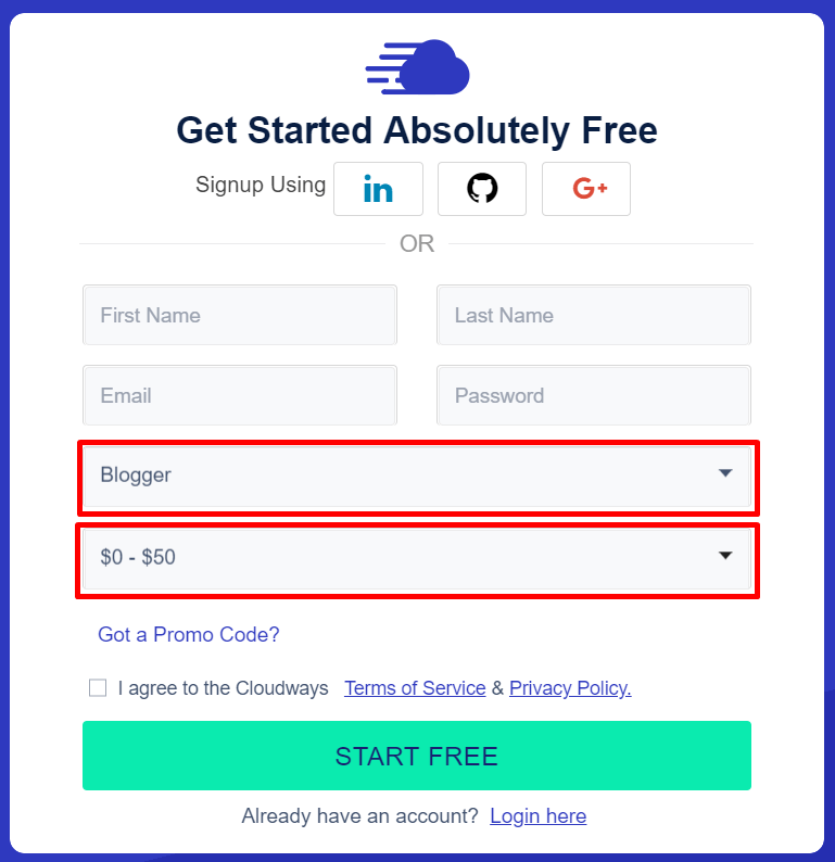 Cloudways Start Free 2