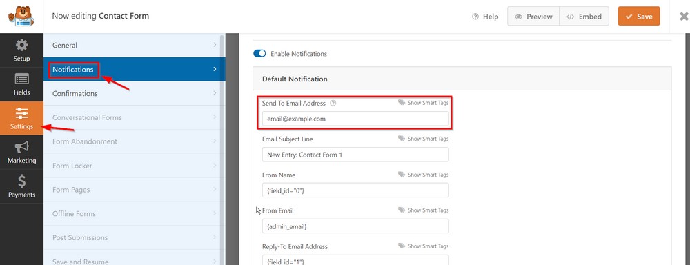 wpforms notification settings