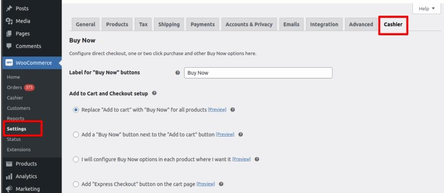 cashier WooCommerce settings