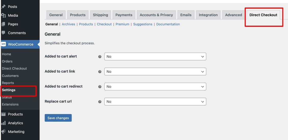 direct checkout plugin settings