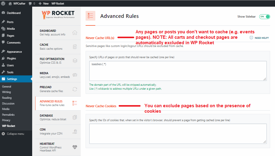 WP Rocket advanced cache rules