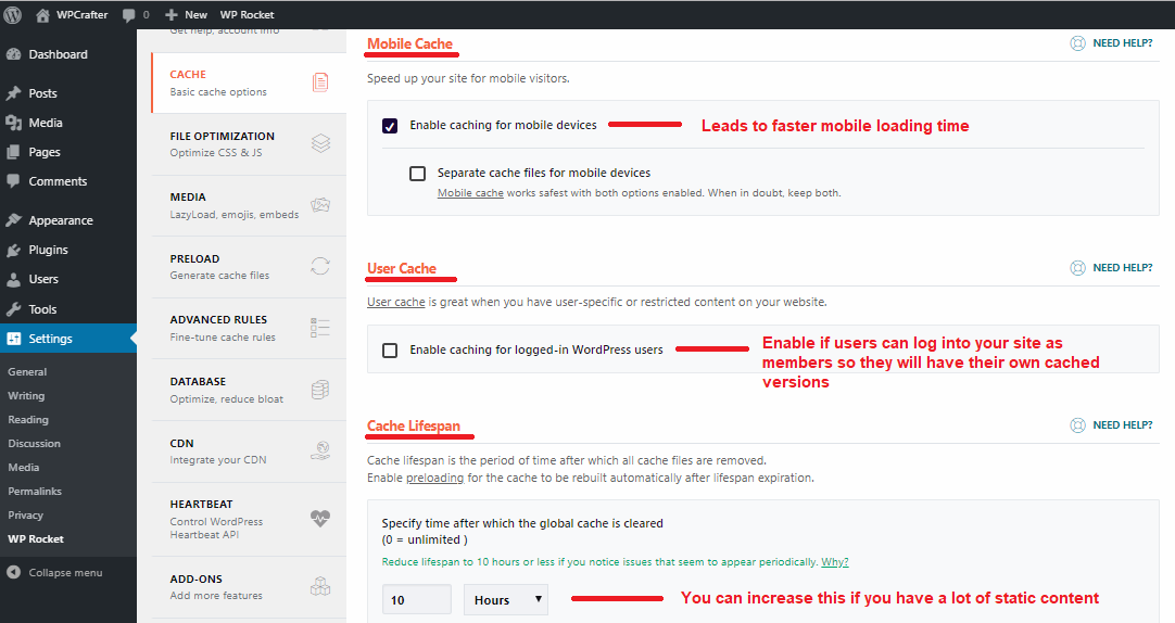 WP Rocket basic cache rules