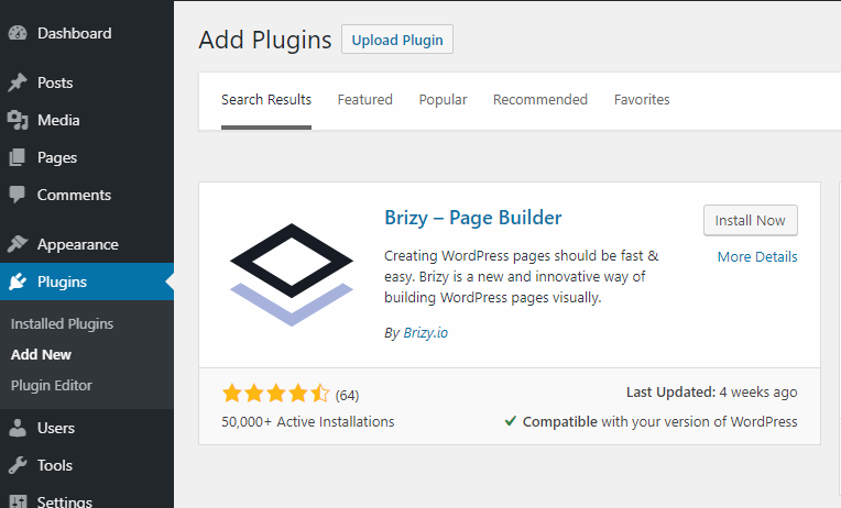 installing Brizy free plugin
