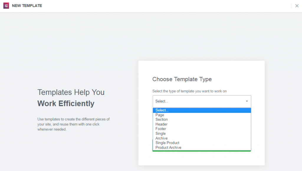 Template types in Elementor