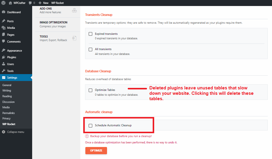 WP Rocket database optimization