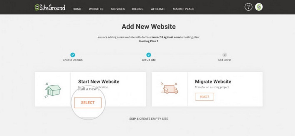 add new website at siteground