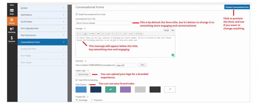 conversational form settings