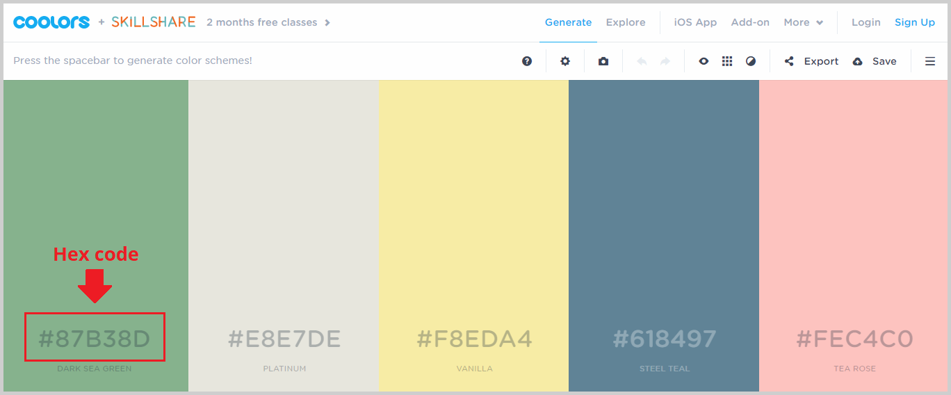 hex codes of color palettes