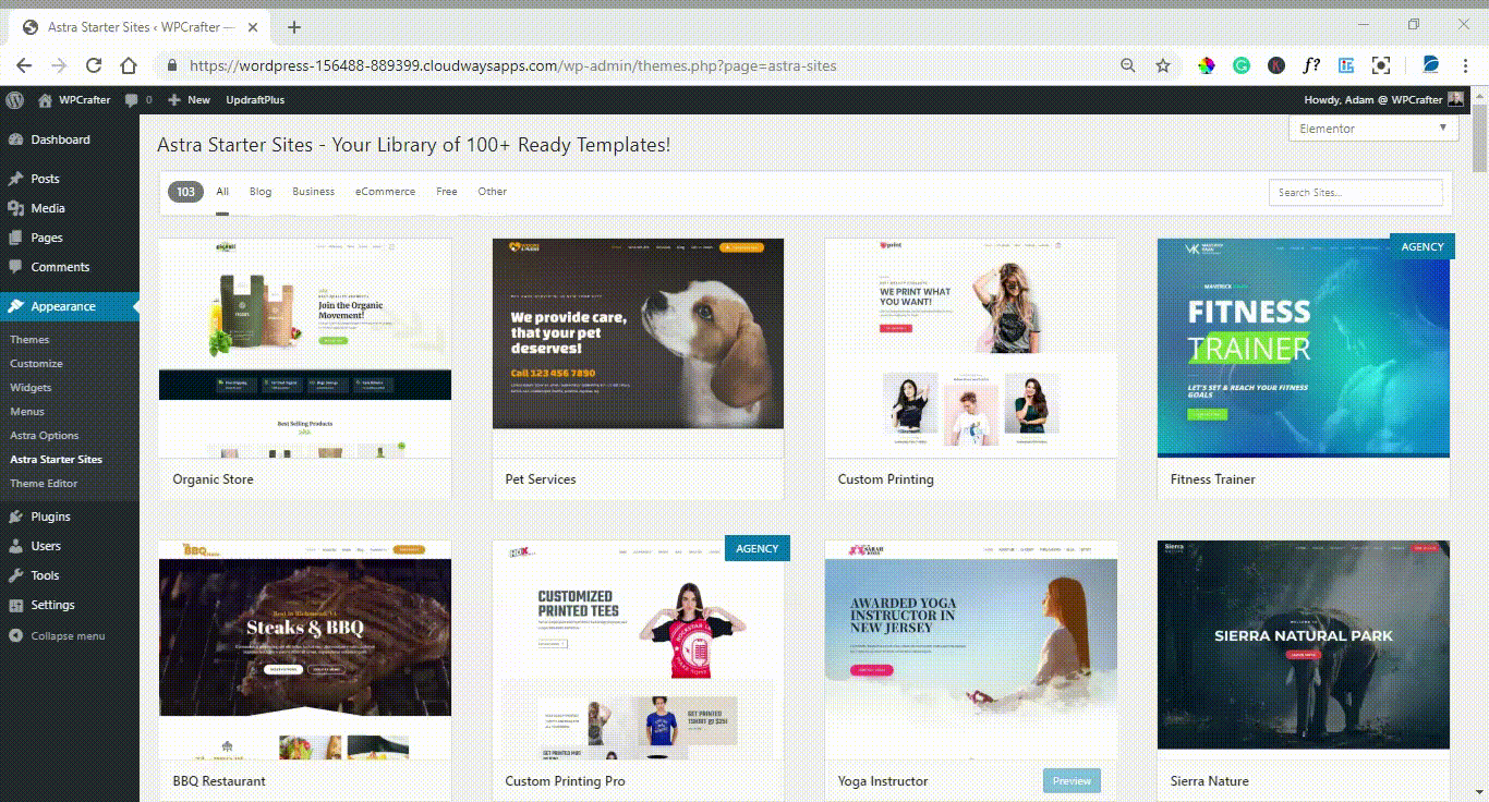 importing astra site theme