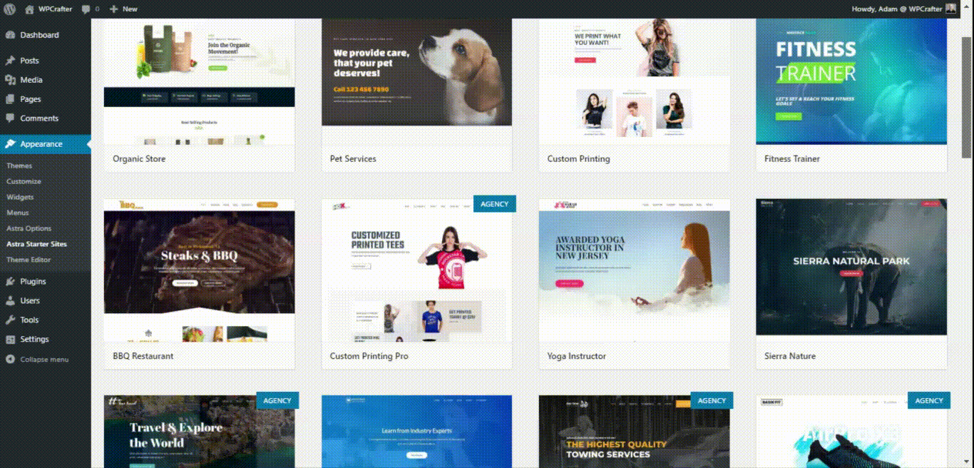 installing astra site theme