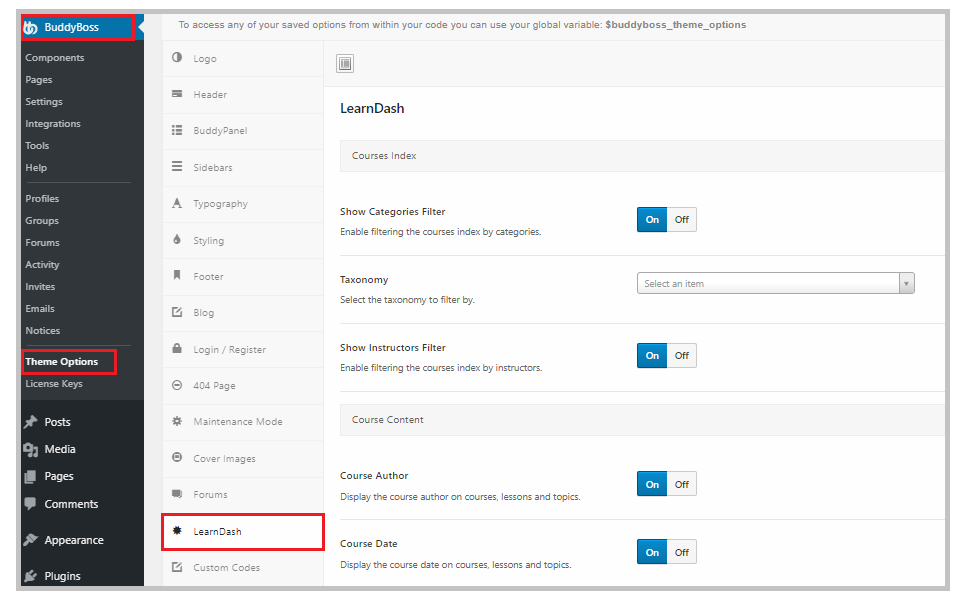 LearnDash in Theme Options