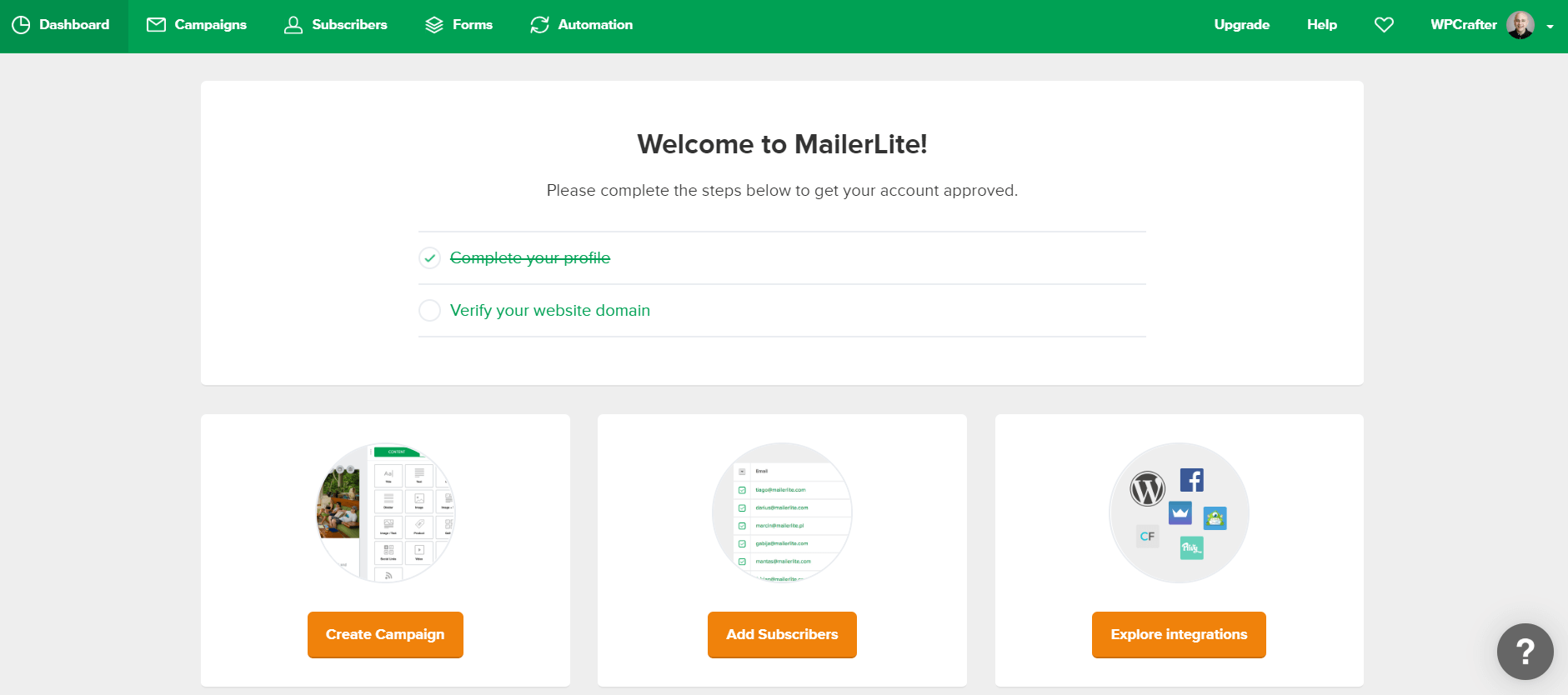 MailerLite Welcome Page.