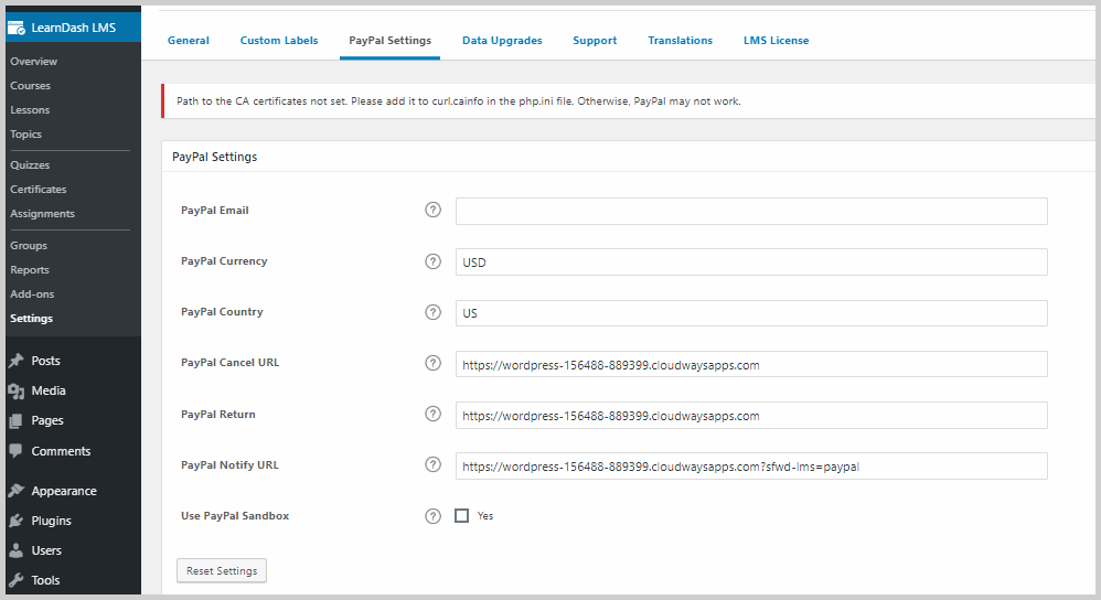 paypal settings in learndash