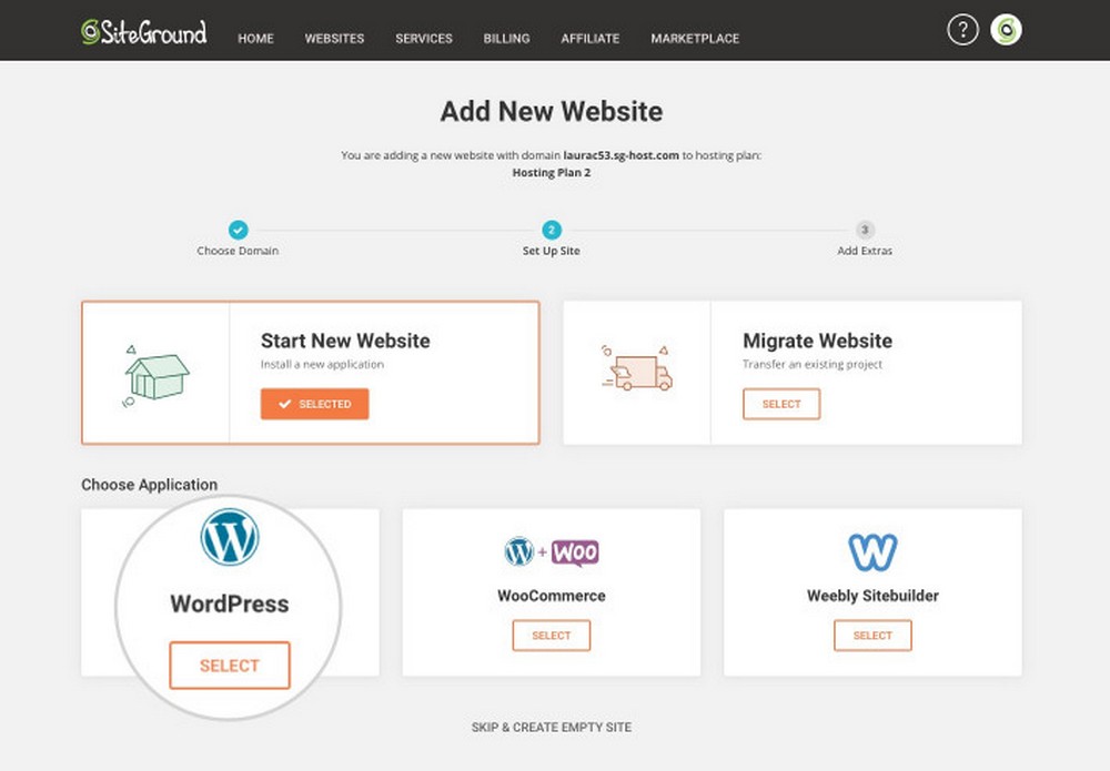 Select WordPress as website app