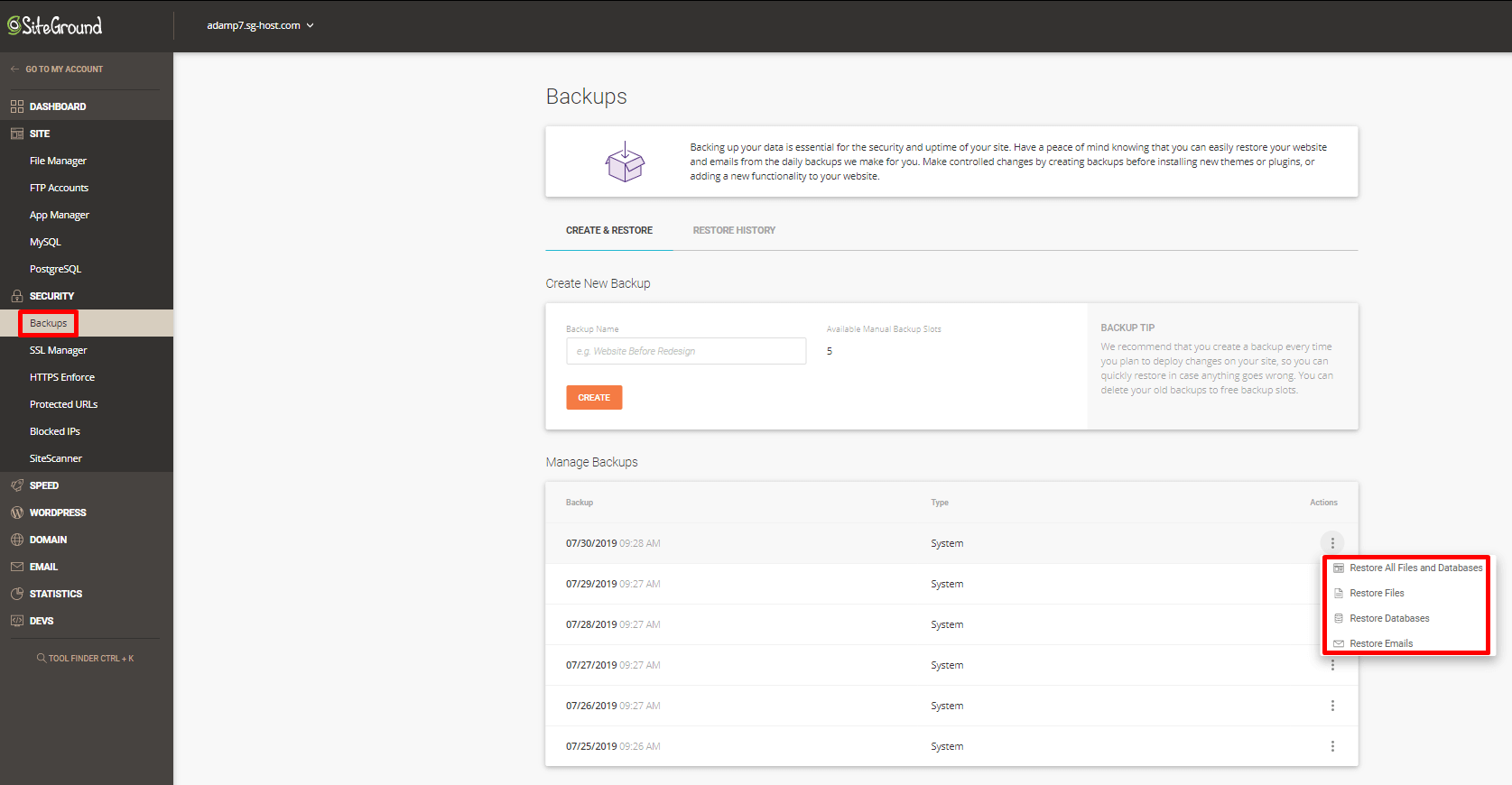 SiteGround Backups