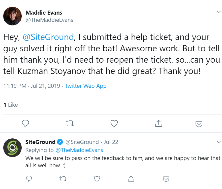 SiteGround Tweet Customer Support 3