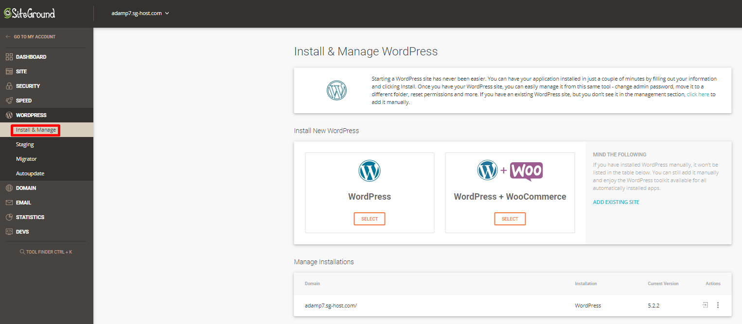 SiteGround WordPress Installation Manager