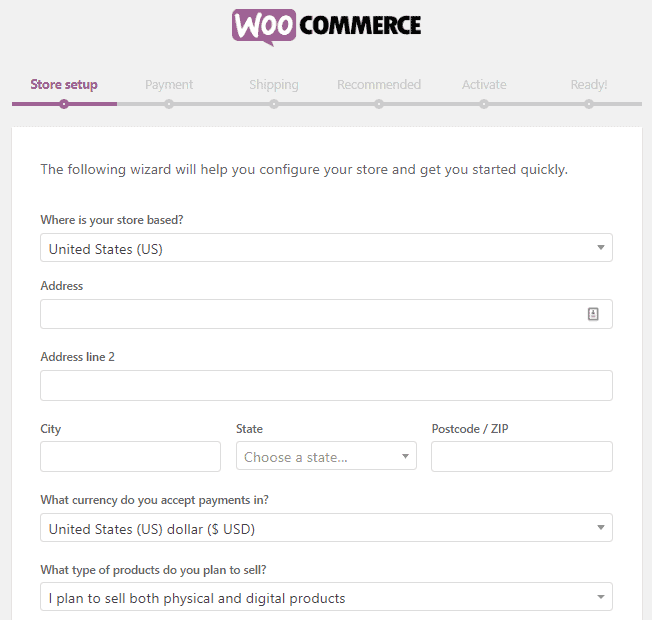 WooCommerce setup wizard