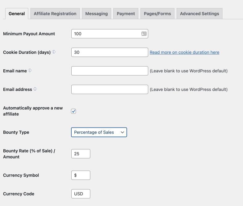 edit general settings in affiliate manager plugin