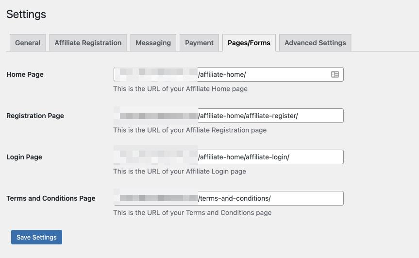 payment and pages settings in wordpress affiliate manager plugin