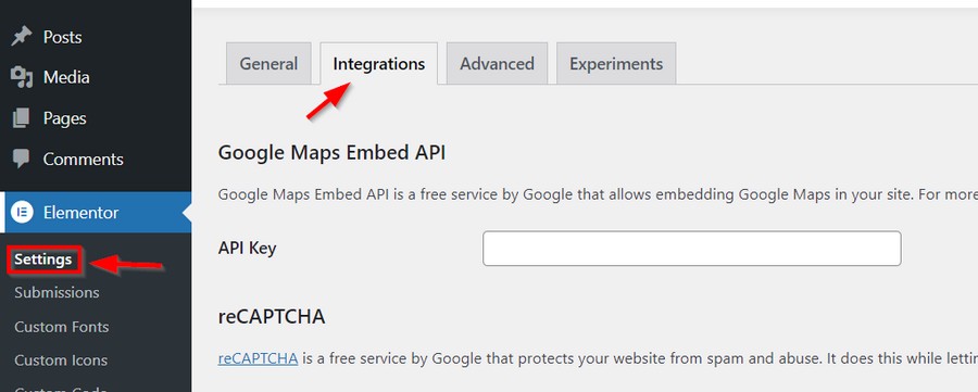 Elementor Integrations settings