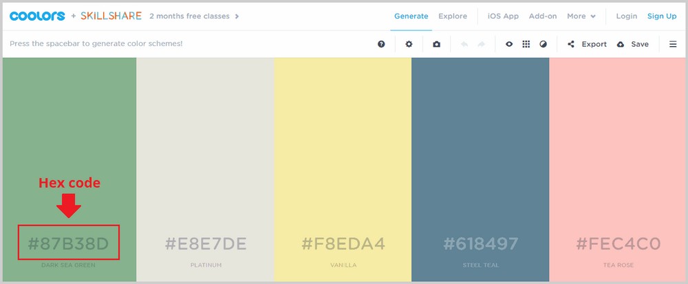 color palette with hex code
