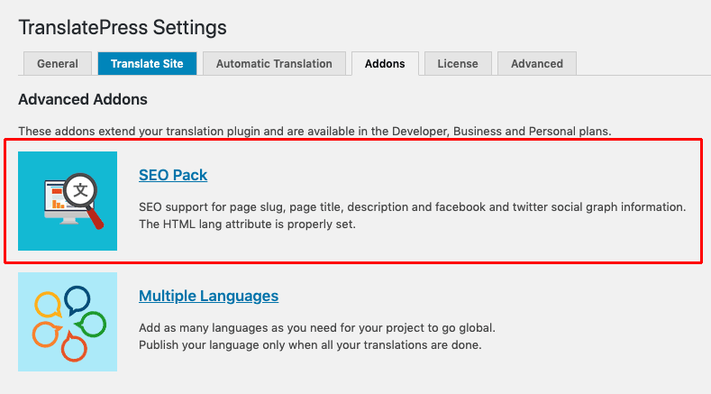 Enable SEO pack extension for TranslatePress