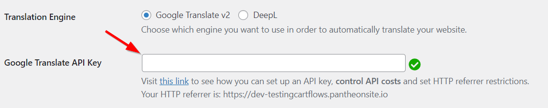 Enter a Google Translate API key