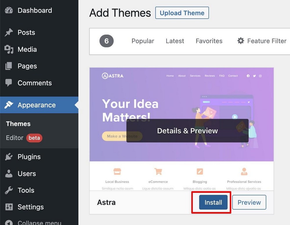 install astra theme in WordPress