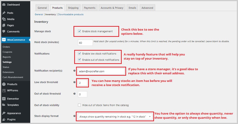 inventory settings woocommerce