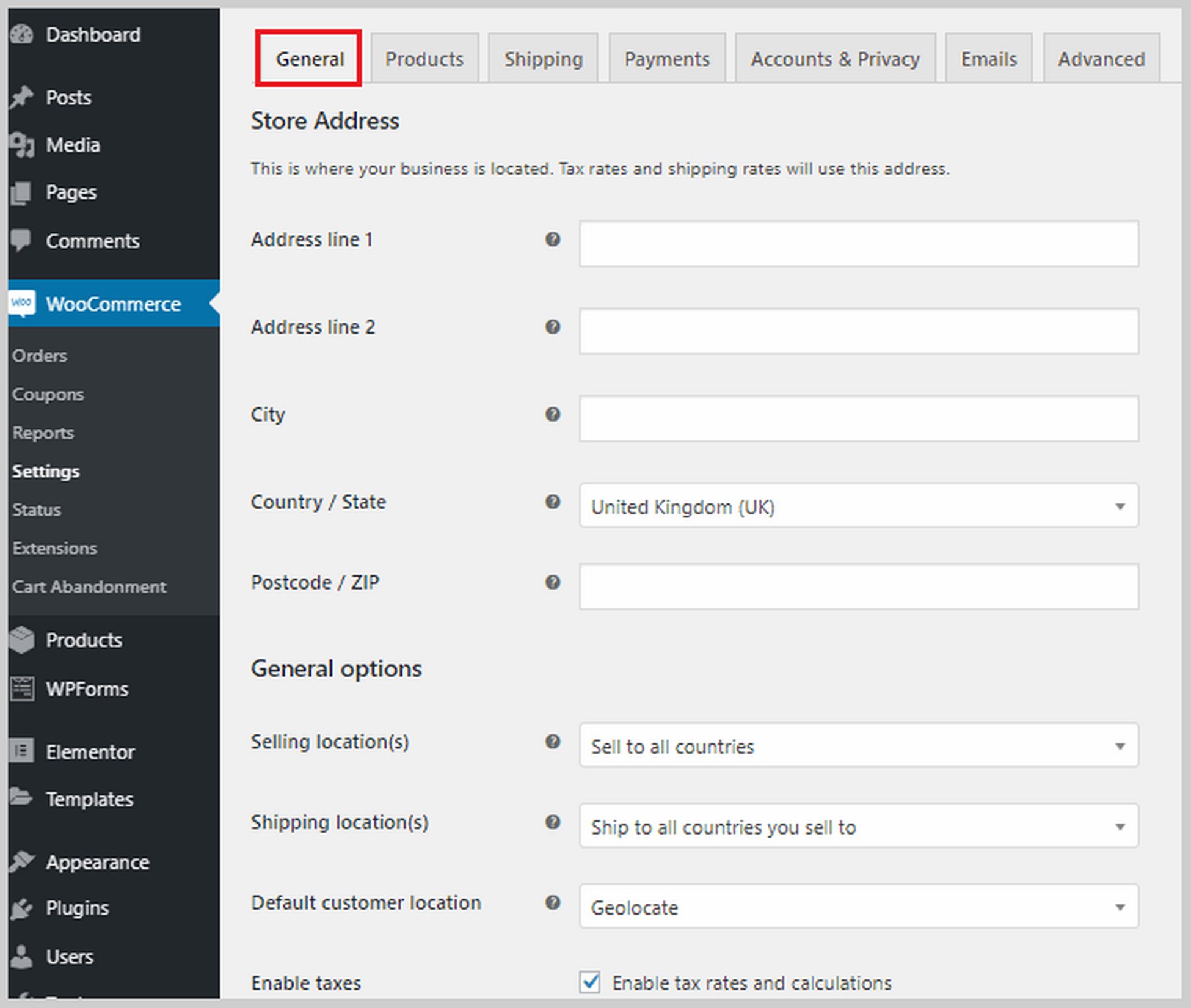 woocommerce general settings to create ecommerce website on wordpress