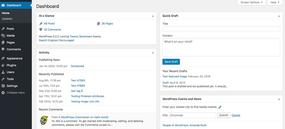 WordPress dashboard