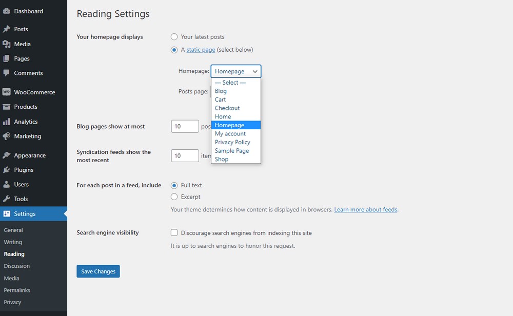 WordPress reading setting