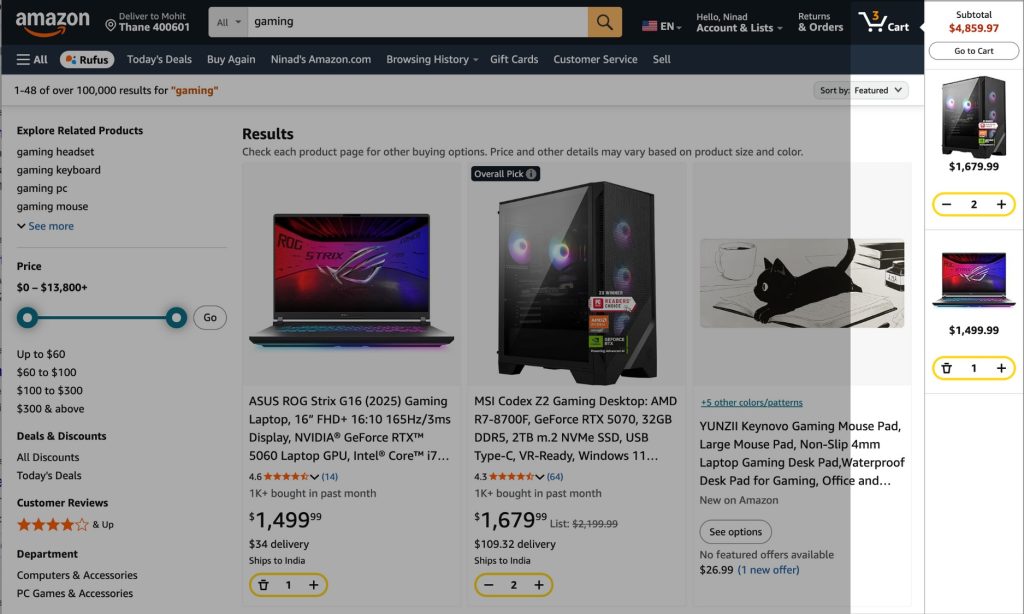 Amazon sidebar cart