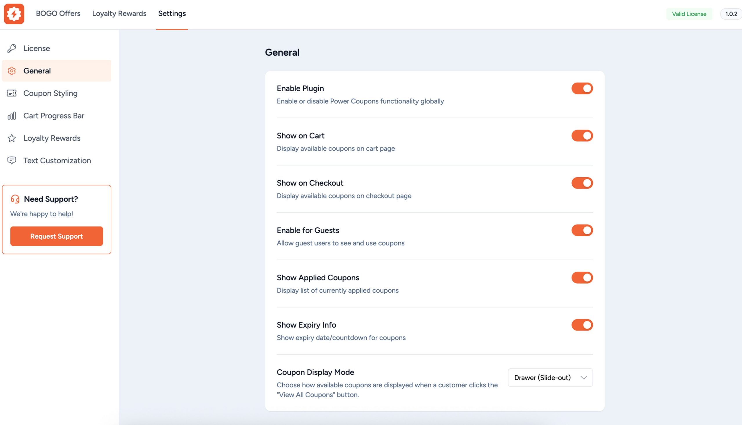 Power Coupons display settings panel showing options to show coupon offers on cart page, checkout page, or both in WooCommerce